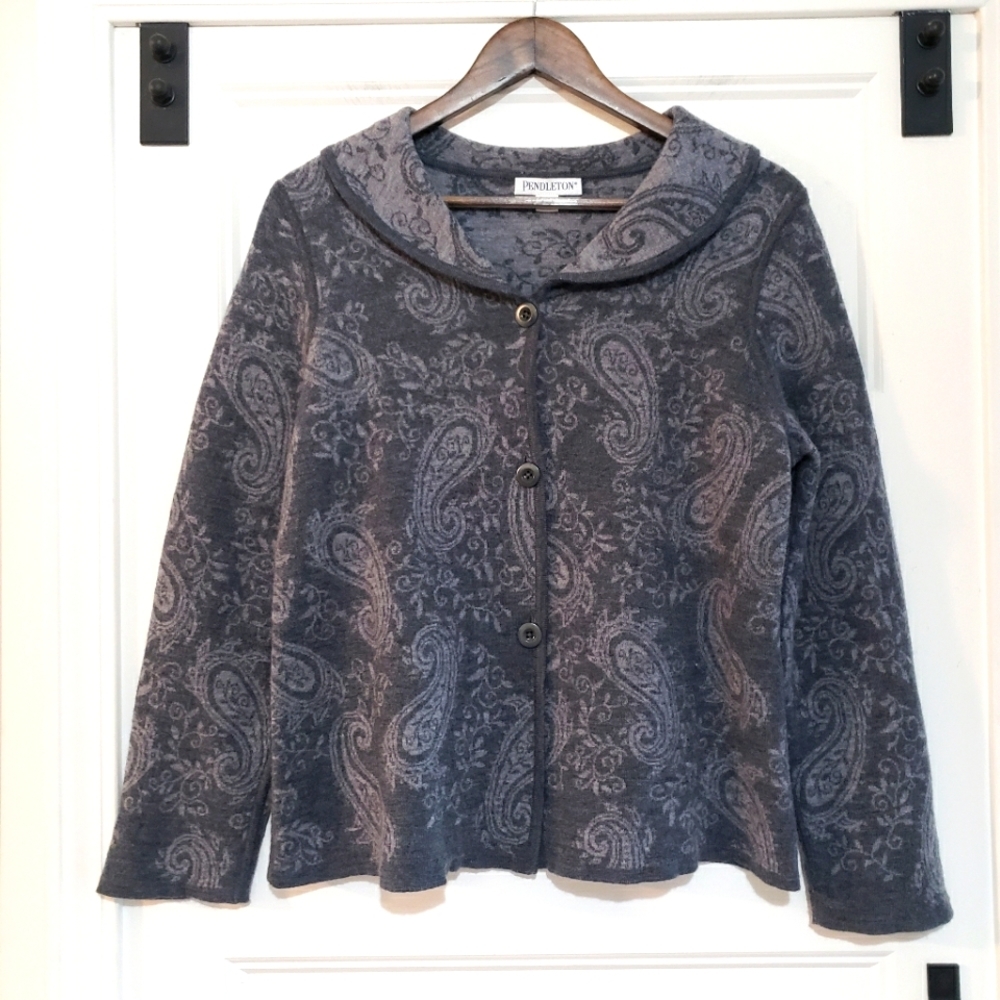 Pendelton Merino Wool Cardigan Paisley Sweater Womens XL Grey Peter Pan Collar